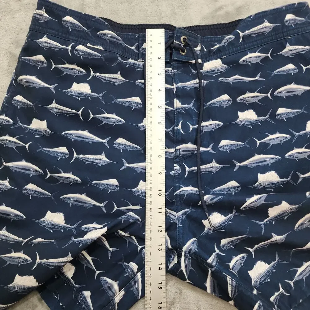 NAUTICA Board Shorts Mens L‎ Blue Deepwater Fish Print Tie Front Swim Trunks
